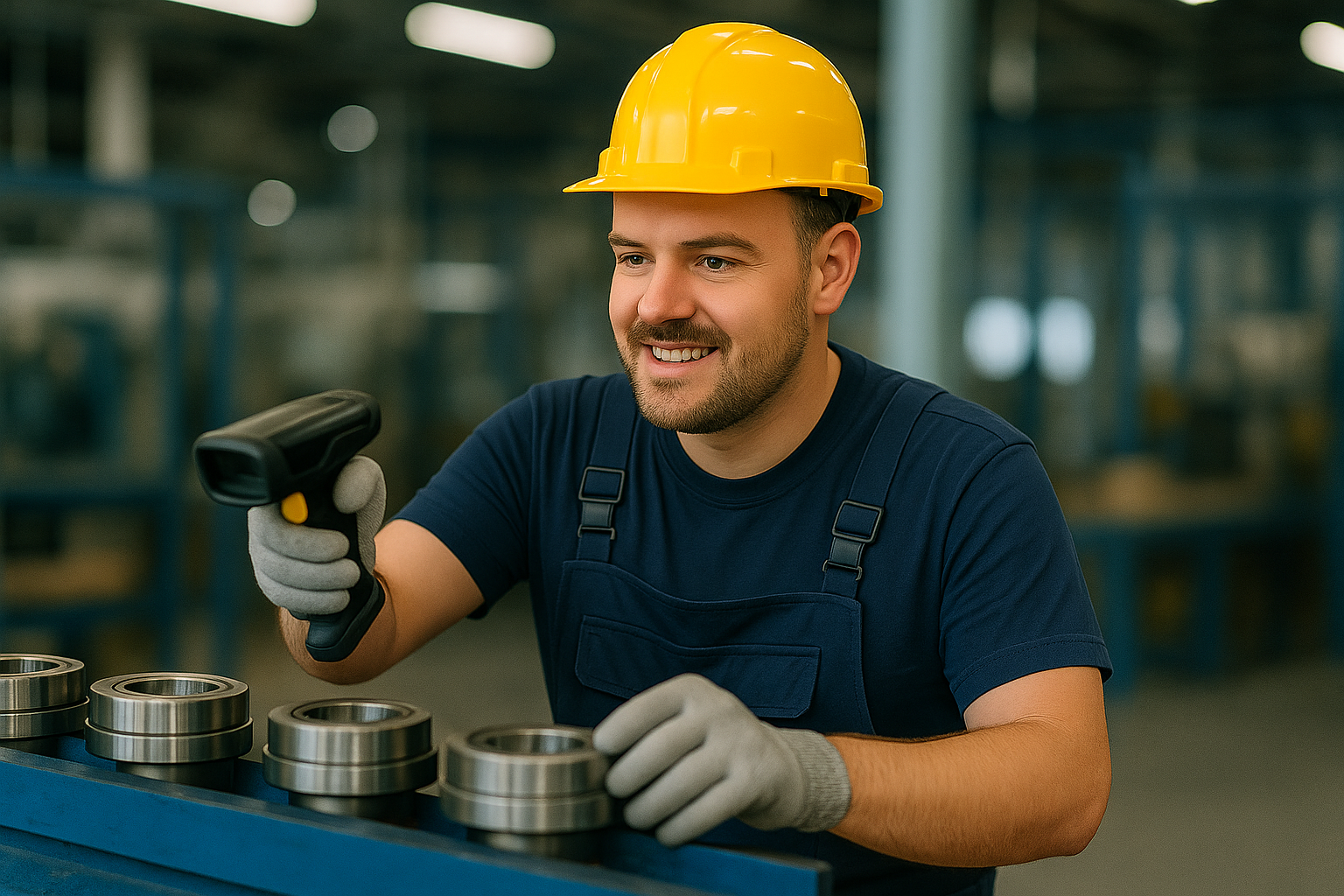 Trabajador con lector de codigos de barras industrial